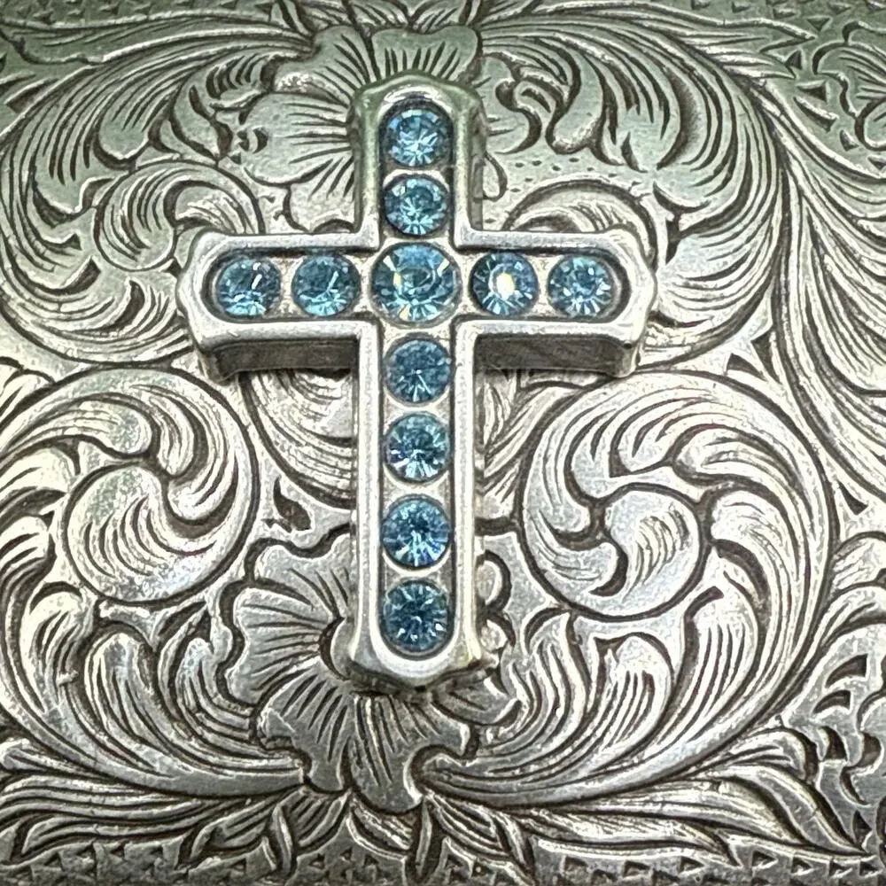 Nocona Womens Silver Tone Belt Buckle Blue Rhinestone Cross Floral Western Rodeo